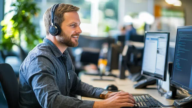 A man wearing headphones working on a computer in a modern office setting.