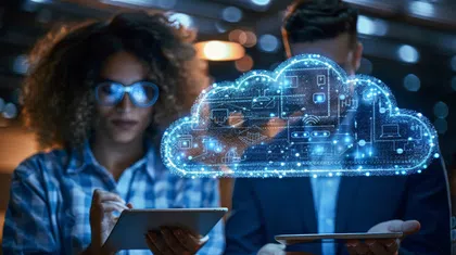 Two professionals interact with a holographic cloud interface displaying technology and data.