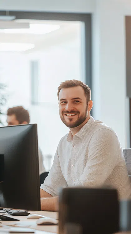 Smiling man at desk with computer in a modern office setting, showcasing a professional work environment.