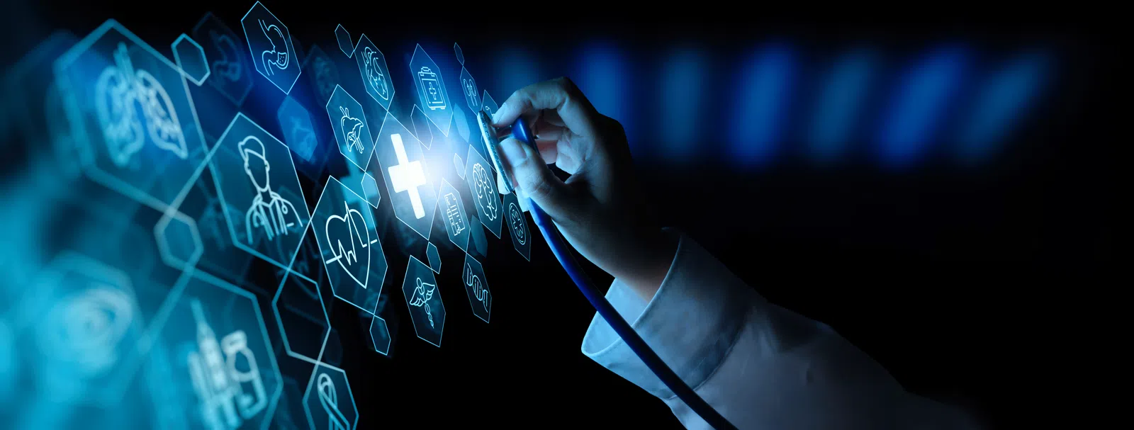 A hand interacting with digital health icons on a futuristic interface.