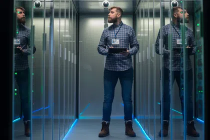 A technician standing in a data center holding a tablet, with reflections in glass panels and server lights.