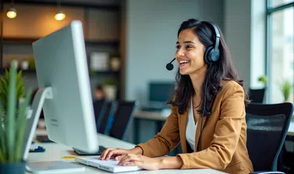 Smiling woman in headphones working at a desk with a computer in a modern office.